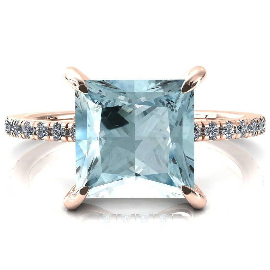 Mayeli Princess Aqua Blue Spinel 4 Claw Prong Micro Pave Diamond Sides Engagement Ring