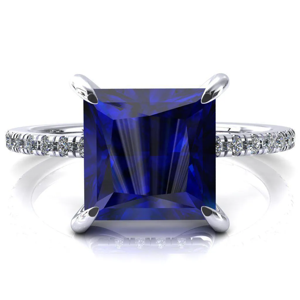 Mayeli Princess Blue Sapphire 4 Claw Prong Micro Pave Diamond Sides Engagement Ring