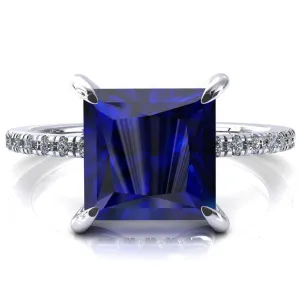 Mayeli Princess Blue Sapphire 4 Claw Prong Micro Pave Diamond Sides Engagement Ring