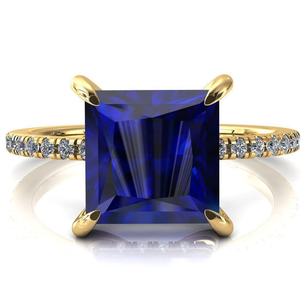 Mayeli Princess Blue Sapphire 4 Claw Prong Micro Pave Diamond Sides Engagement Ring
