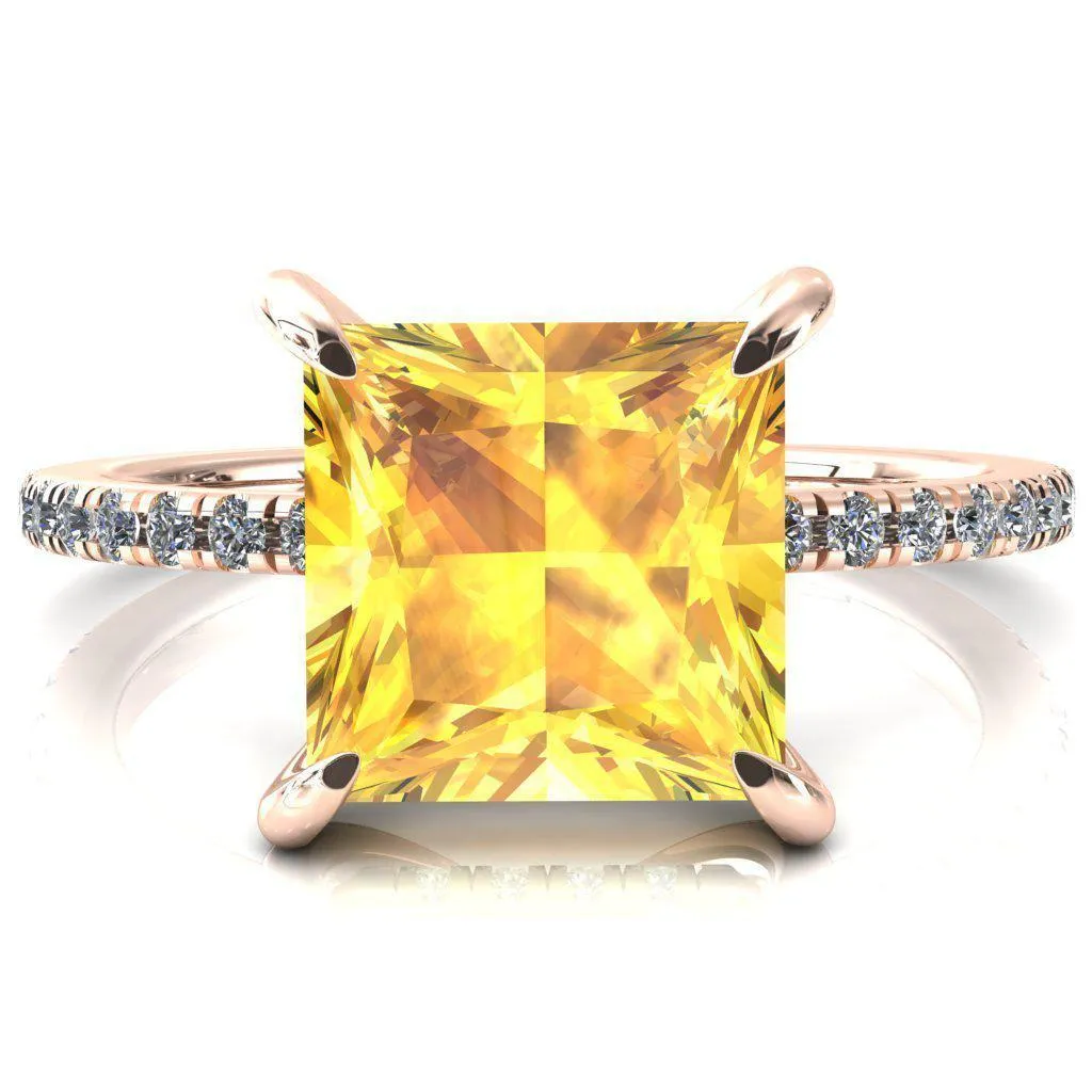 Mayeli Princess Yellow Sapphire 4 Claw Prong Micro Pave Diamond Sides Engagement Ring