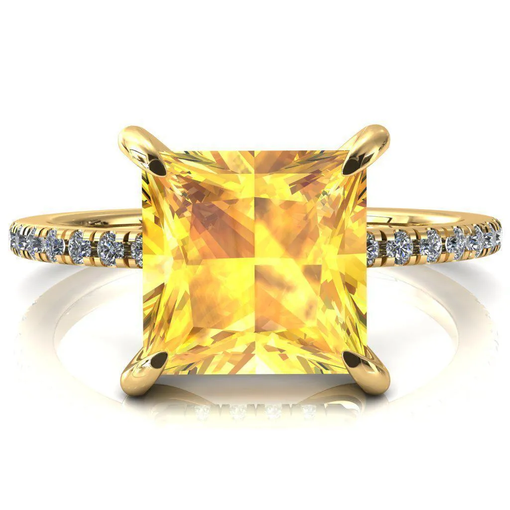 Mayeli Princess Yellow Sapphire 4 Claw Prong Micro Pave Diamond Sides Engagement Ring