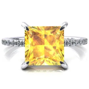 Mayeli Princess Yellow Sapphire 4 Claw Prong Micro Pave Diamond Sides Engagement Ring