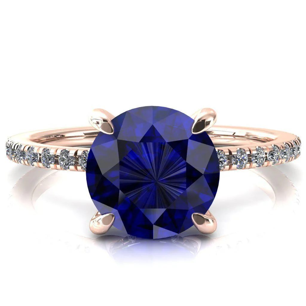 Mayeli Round Blue Sapphire 4 Claw Prong Micro Pave Diamond Sides Engagement Ring