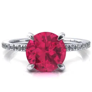 Mayeli Round Ruby 4 Claw Prong Micro Pave Diamond Sides Engagement Ring