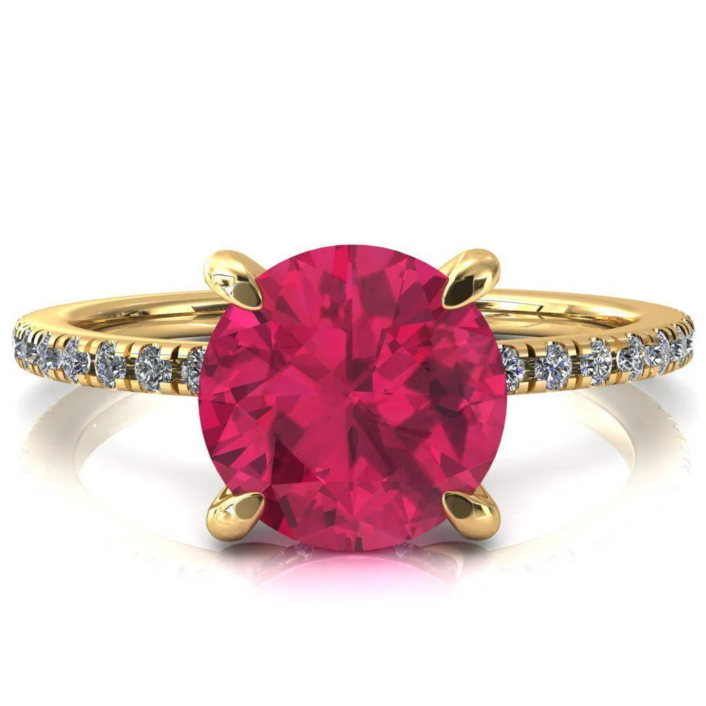 Mayeli Round Ruby 4 Claw Prong Micro Pave Diamond Sides Engagement Ring