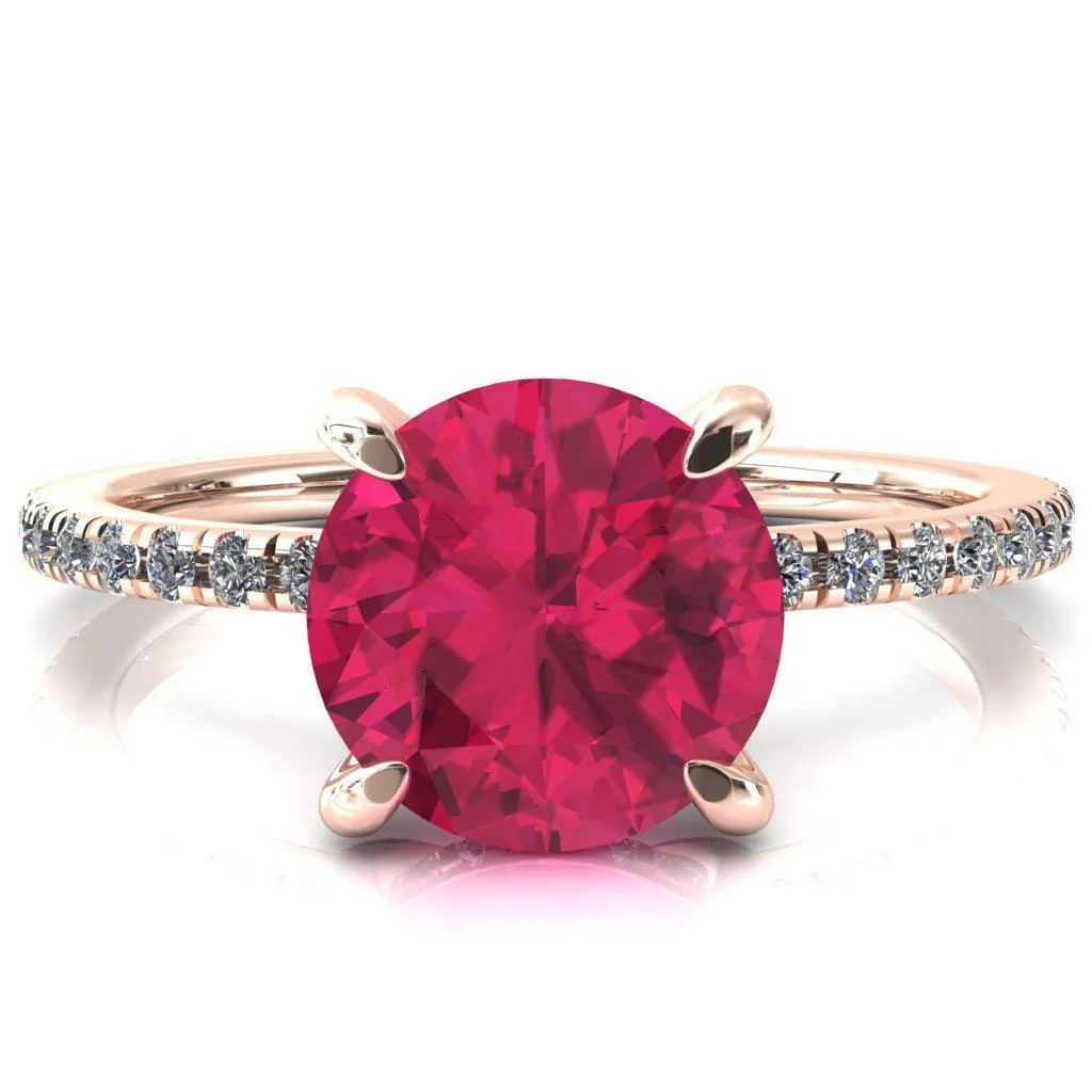 Mayeli Round Ruby 4 Claw Prong Micro Pave Diamond Sides Engagement Ring
