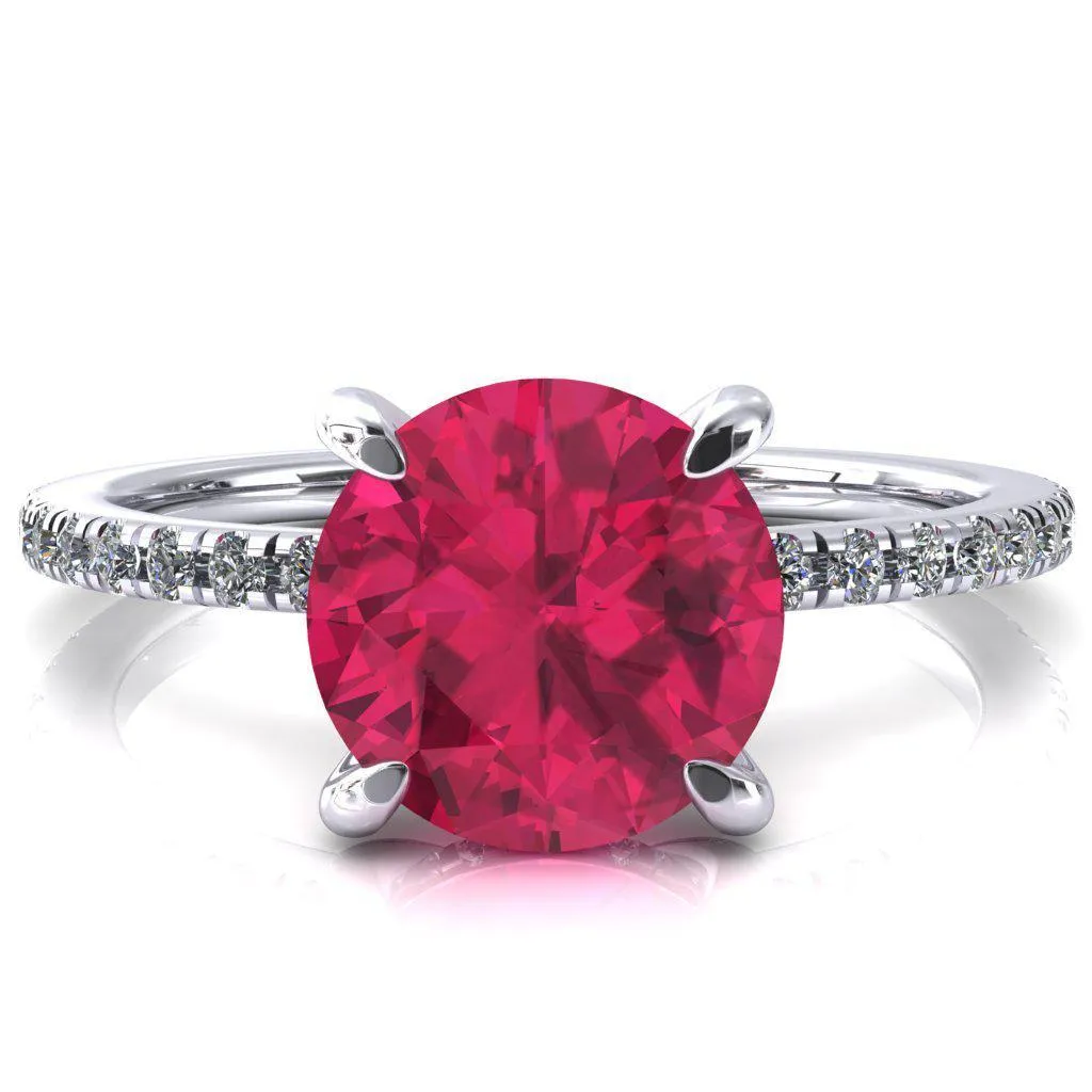 Mayeli Round Ruby 4 Claw Prong Micro Pave Diamond Sides Engagement Ring