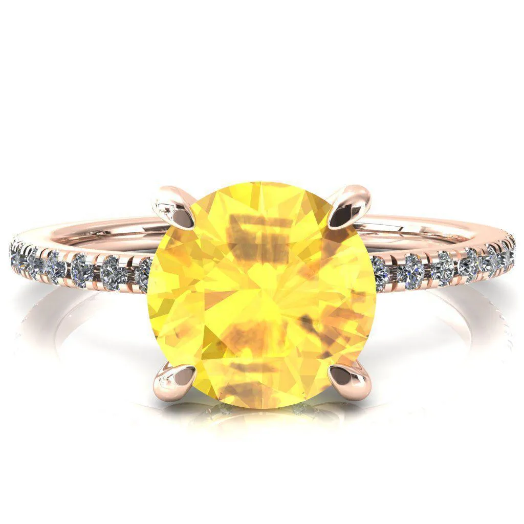 Mayeli Round Yellow Sapphire 4 Claw Prong Micro Pave Diamond Sides Engagement Ring