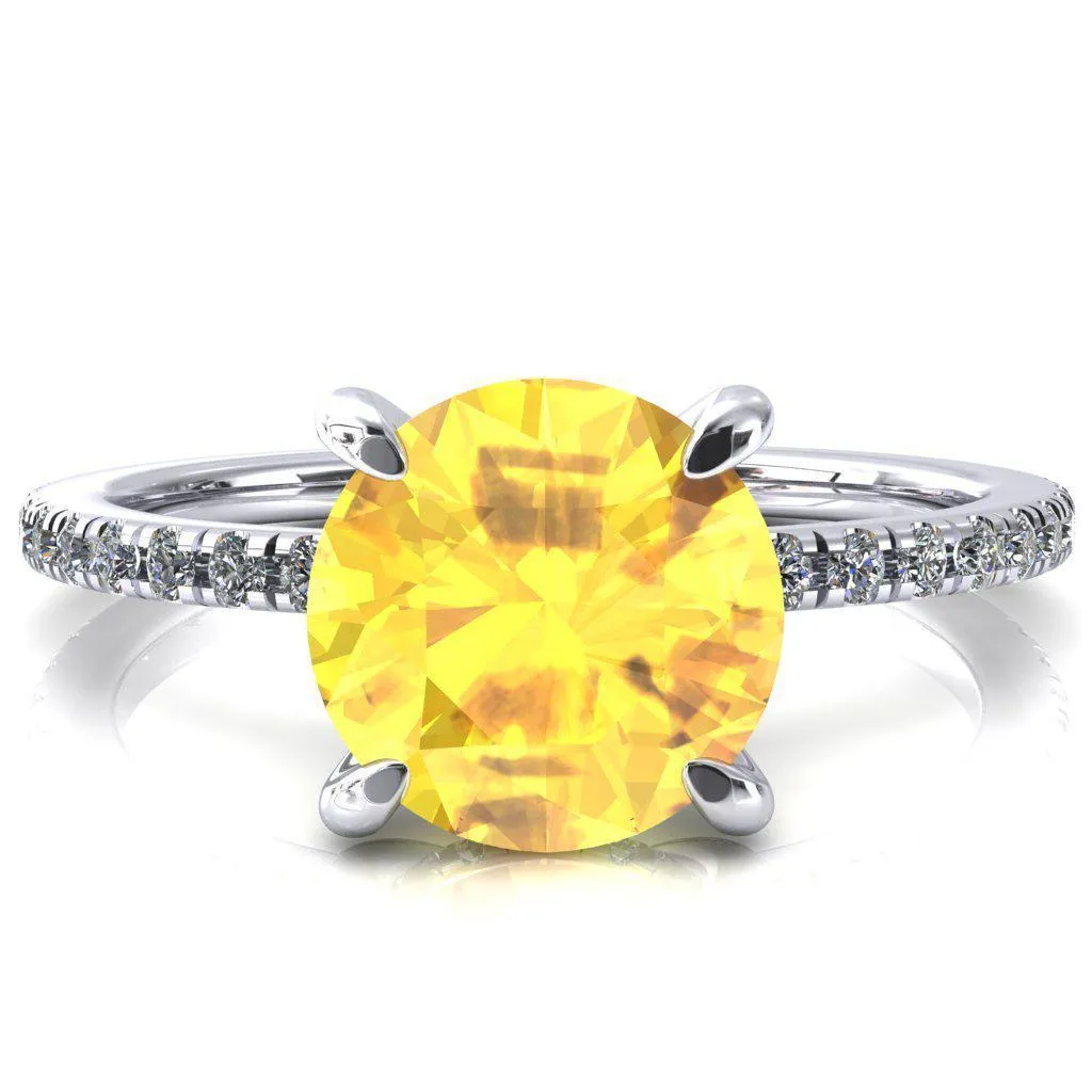Mayeli Round Yellow Sapphire 4 Claw Prong Micro Pave Diamond Sides Engagement Ring