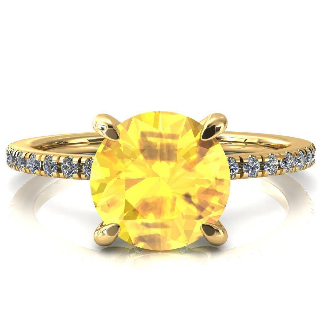 Mayeli Round Yellow Sapphire 4 Claw Prong Micro Pave Diamond Sides Engagement Ring
