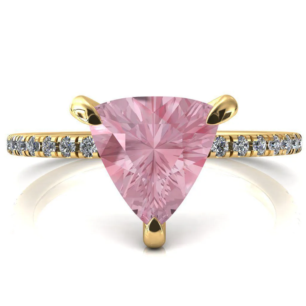 Mayeli Trillion Pink Sapphire 3 Claw Prong Micro Pave Diamond Sides Engagement Ring