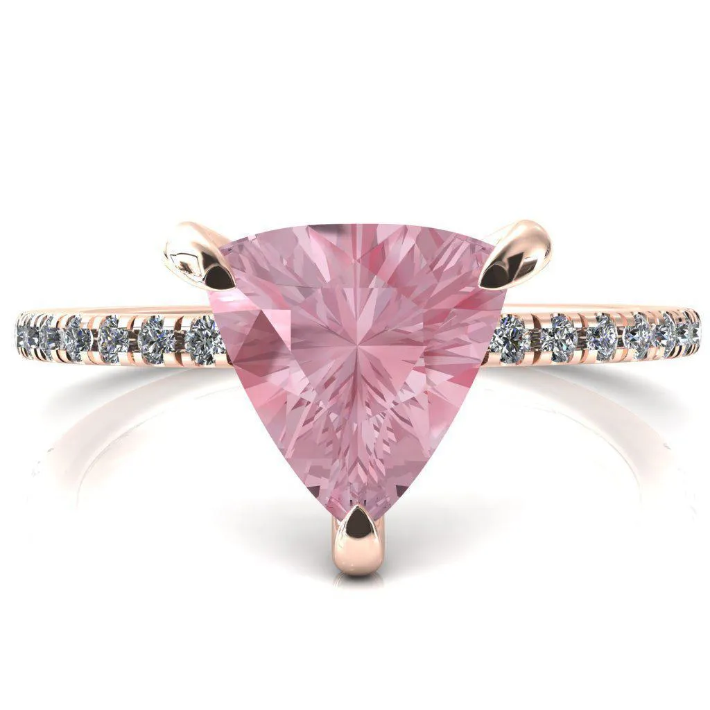 Mayeli Trillion Pink Sapphire 3 Claw Prong Micro Pave Diamond Sides Engagement Ring