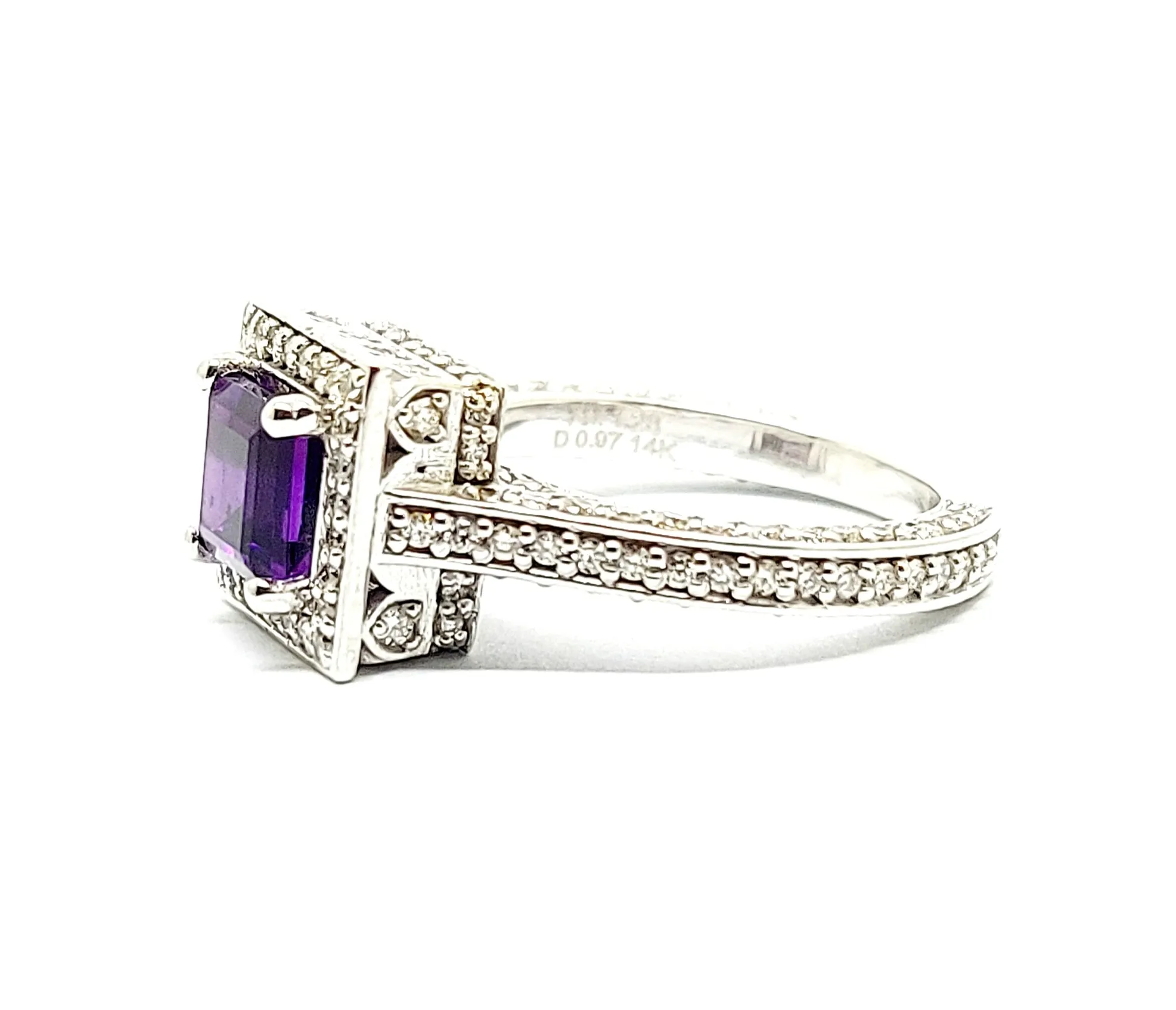 Micropavé  Hidden Halo Ring with Princess cut Amethyst and Diamond