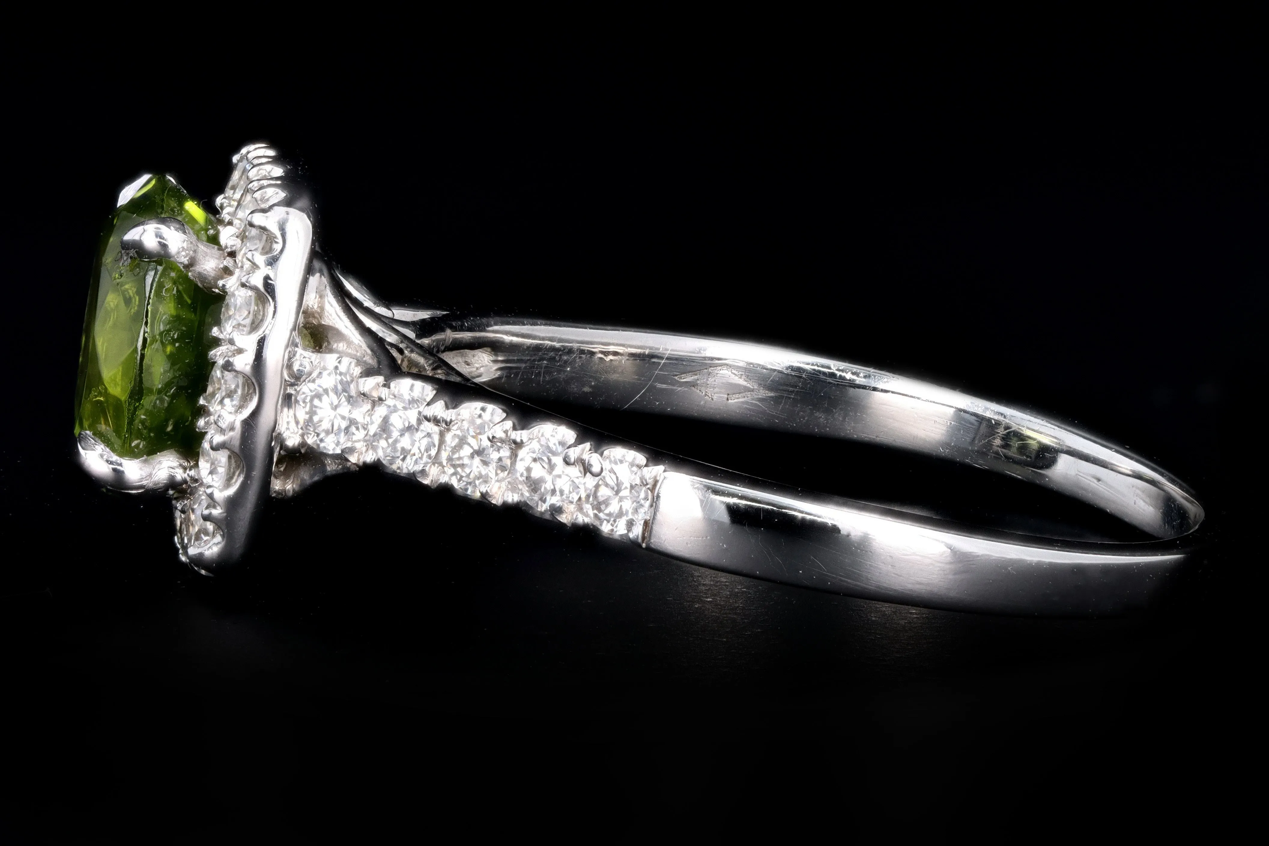 Modern 14K White Gold 1.87 Carat Peridot & Diamond Halo Ring