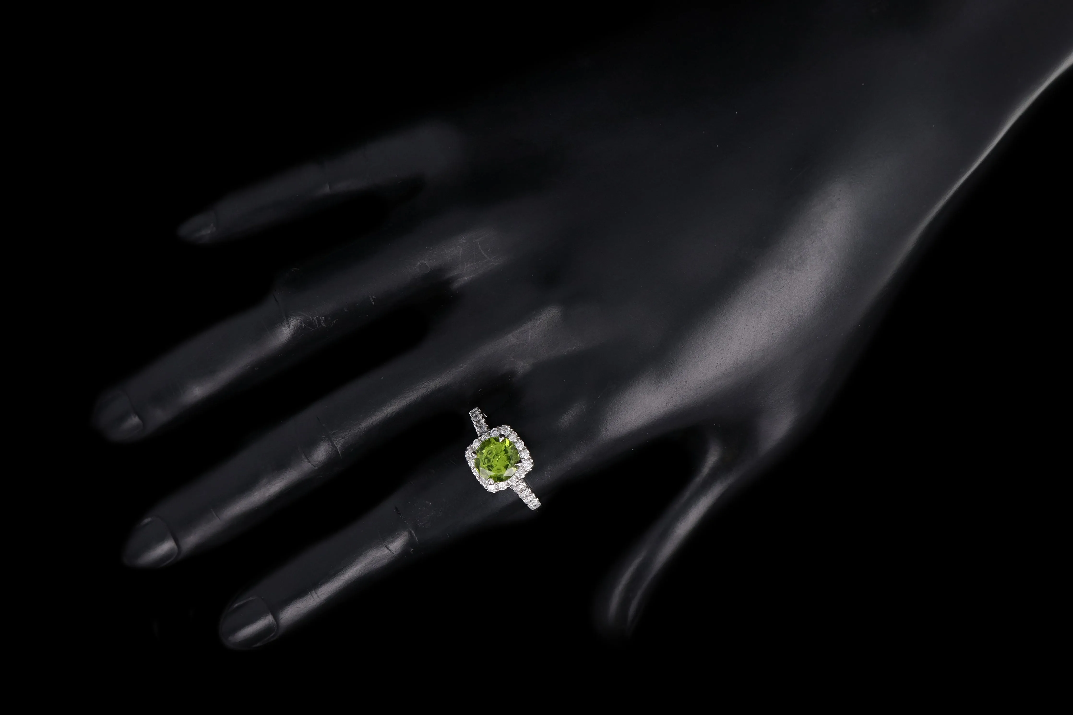 Modern 14K White Gold 1.87 Carat Peridot & Diamond Halo Ring