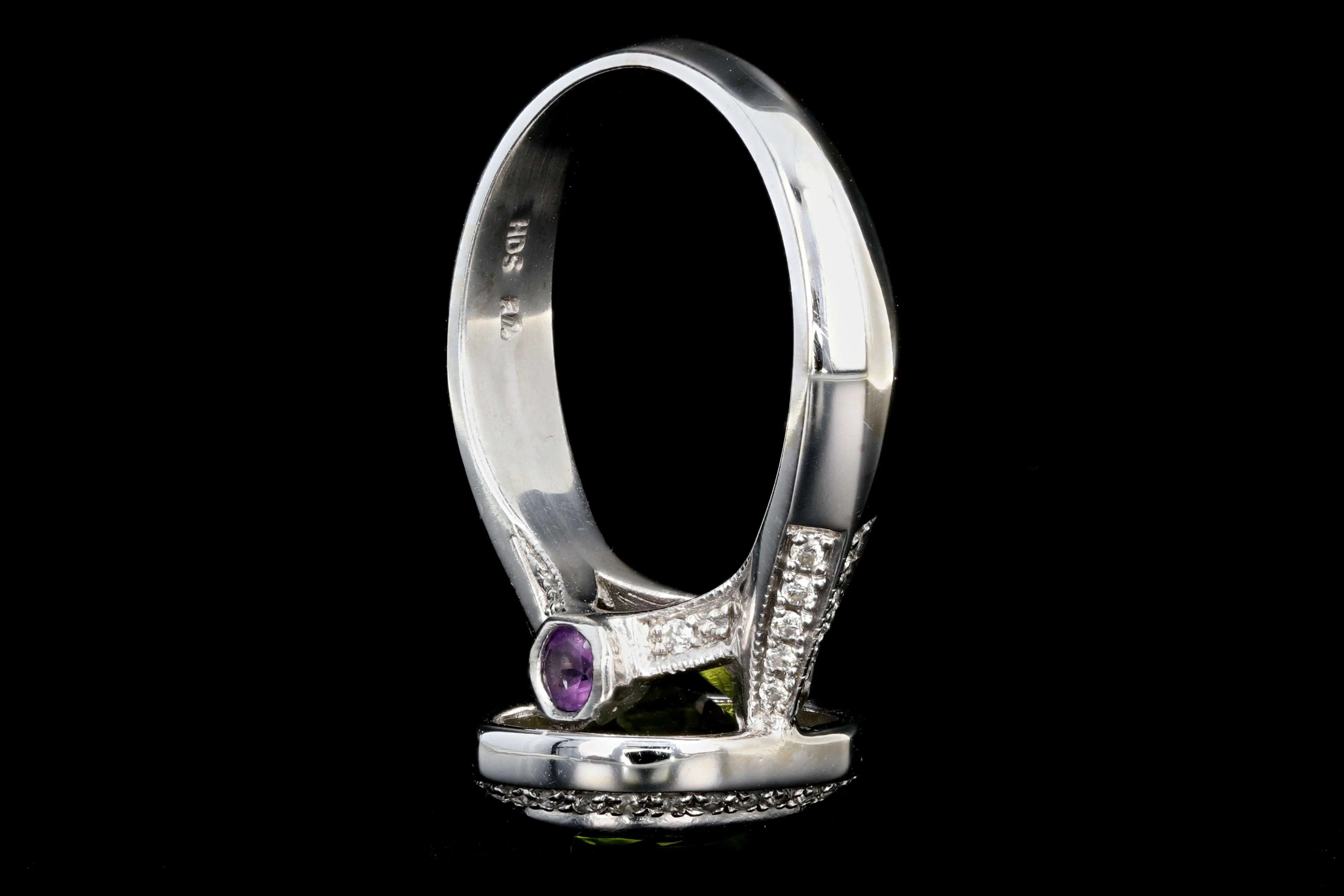 Modern 14K White Gold 3CT Peridot, Amethyst, and Diamond Ring