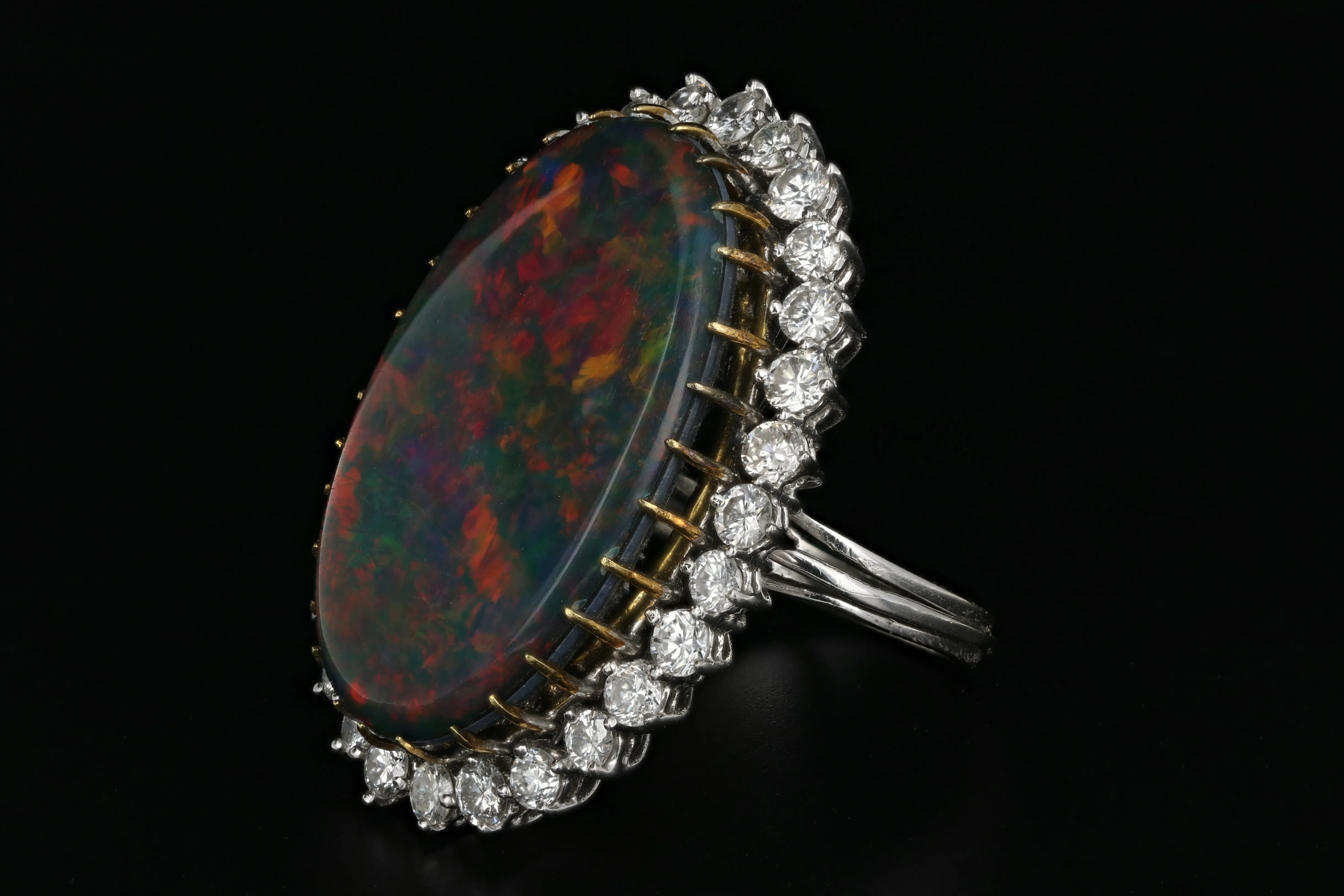 Modern 14K White Gold Australian Black Opal Doublet and Diamond Ring