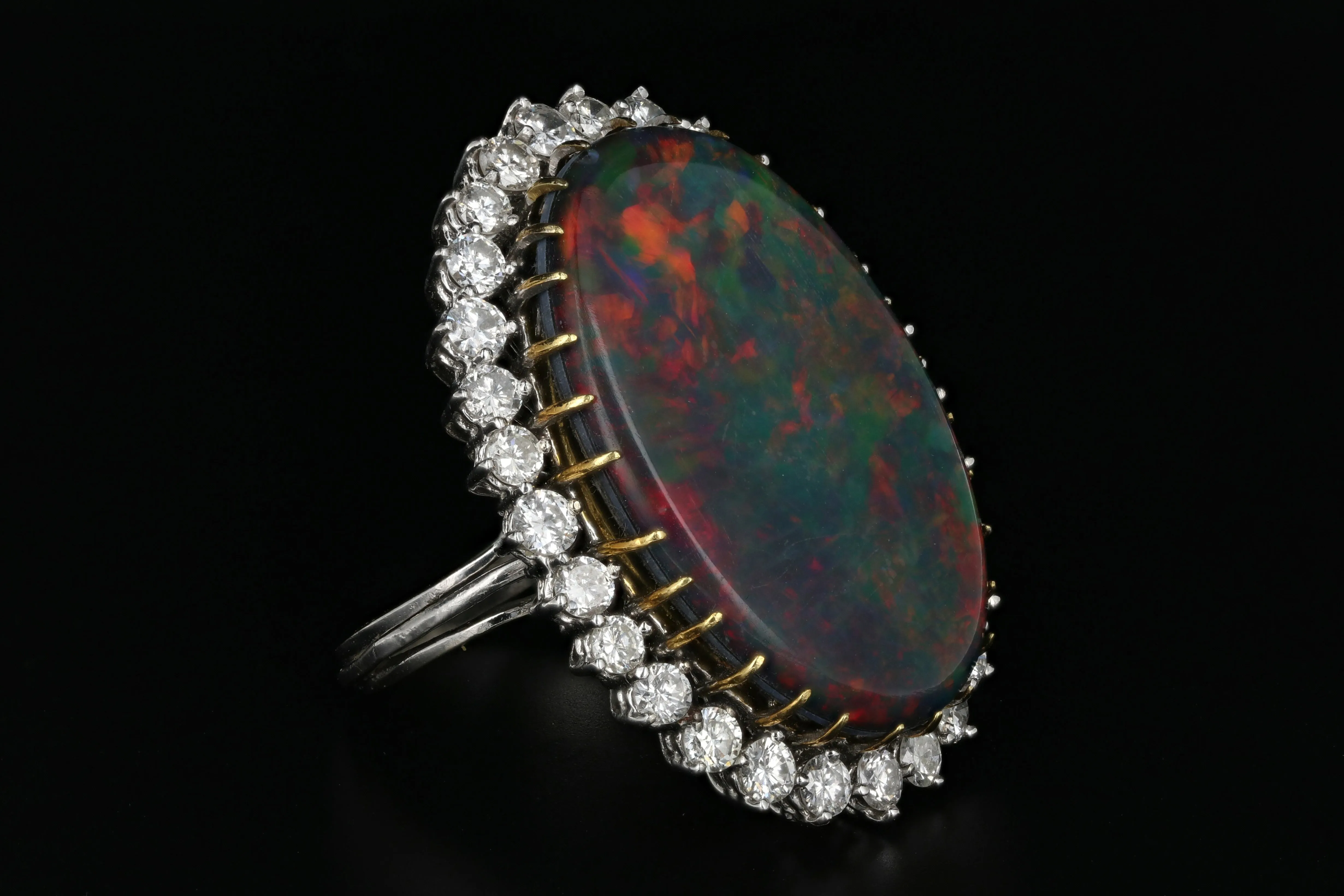Modern 14K White Gold Australian Black Opal Doublet and Diamond Ring