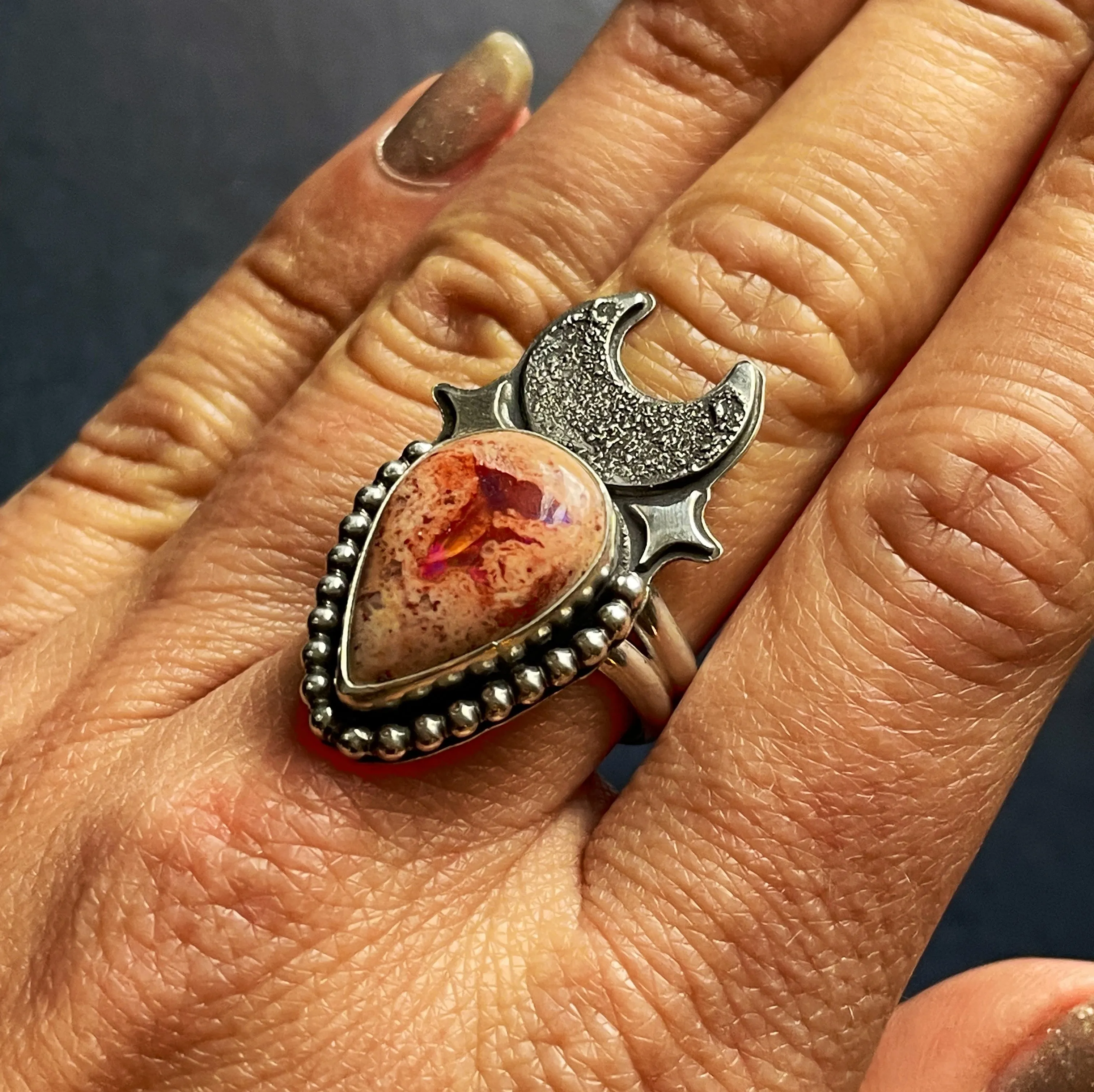 Moondusted Fire Opal Ring - Size 8