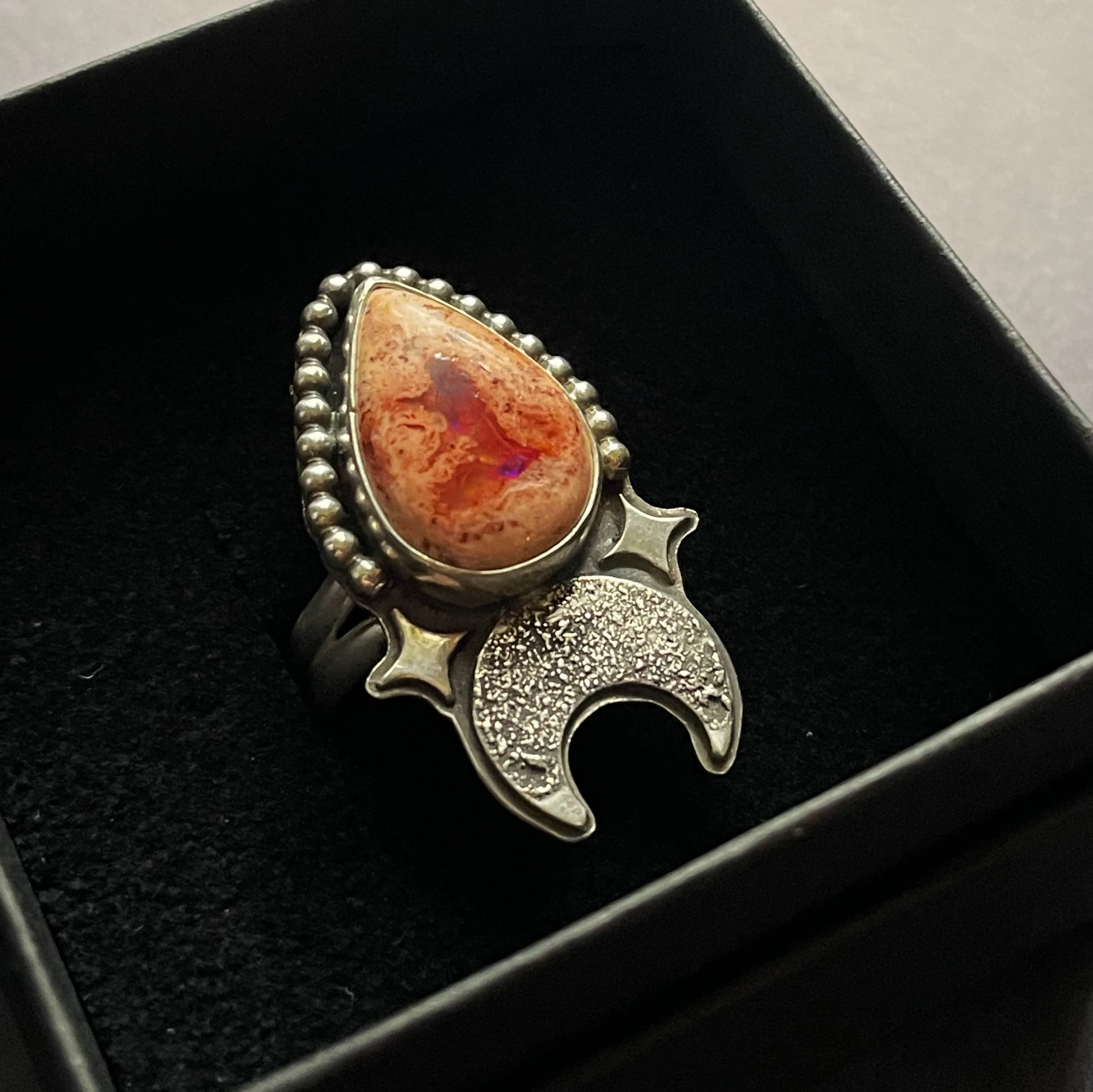Moondusted Fire Opal Ring - Size 8