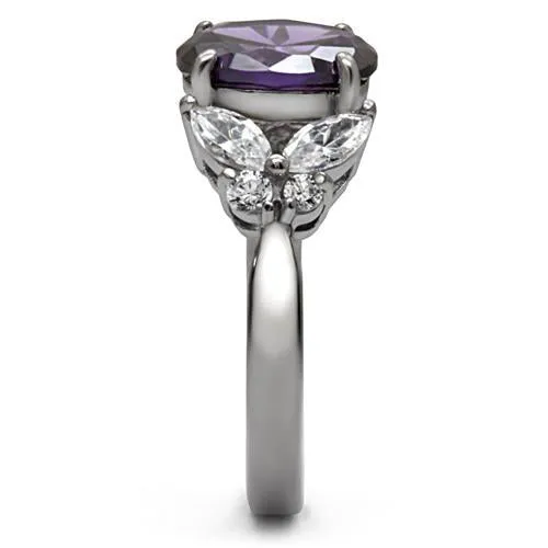 MT 680 - High polished (no plating) Stainless Steel Ring with Amethyst Oval Center Stone Surrounded with Teardrop and Round Crystals - February Birthstone