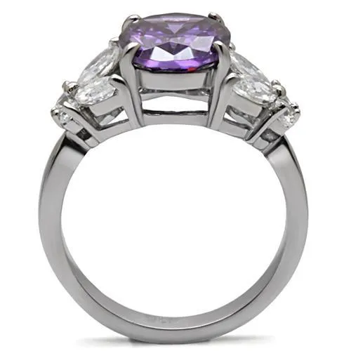 MT 680 - High polished (no plating) Stainless Steel Ring with Amethyst Oval Center Stone Surrounded with Teardrop and Round Crystals - February Birthstone