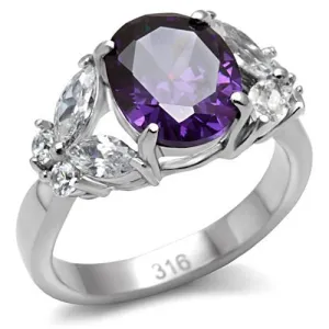 MT 680 - High polished (no plating) Stainless Steel Ring with Amethyst Oval Center Stone Surrounded with Teardrop and Round Crystals - February Birthstone