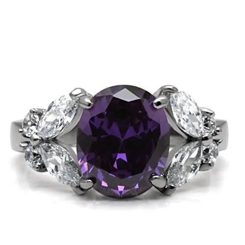 MT 680 - High polished (no plating) Stainless Steel Ring with Amethyst Oval Center Stone Surrounded with Teardrop and Round Crystals - February Birthstone