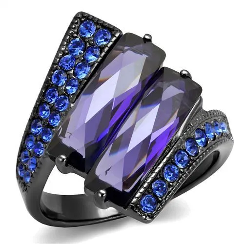 MT 6992 - IP Light Black (IP Gun) Stainless Steel Ring Exquisite Purple and Blue - February Birthstone  June Birthstone - Checkerboard Faceting