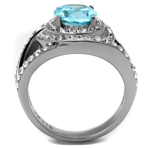 MT0092 - Sea Blue March Birthstone Ring - Large Oval Center Crystal with Mystic Swirl Rows Encompassing Stone