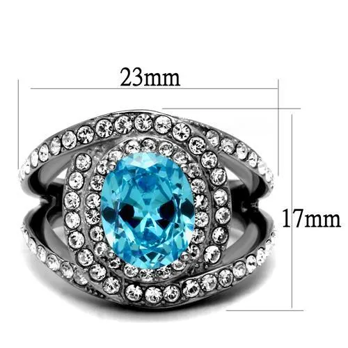 MT0092 - Sea Blue March Birthstone Ring - Large Oval Center Crystal with Mystic Swirl Rows Encompassing Stone