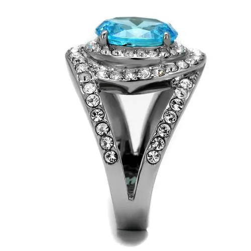 MT0092 - Sea Blue March Birthstone Ring - Large Oval Center Crystal with Mystic Swirl Rows Encompassing Stone