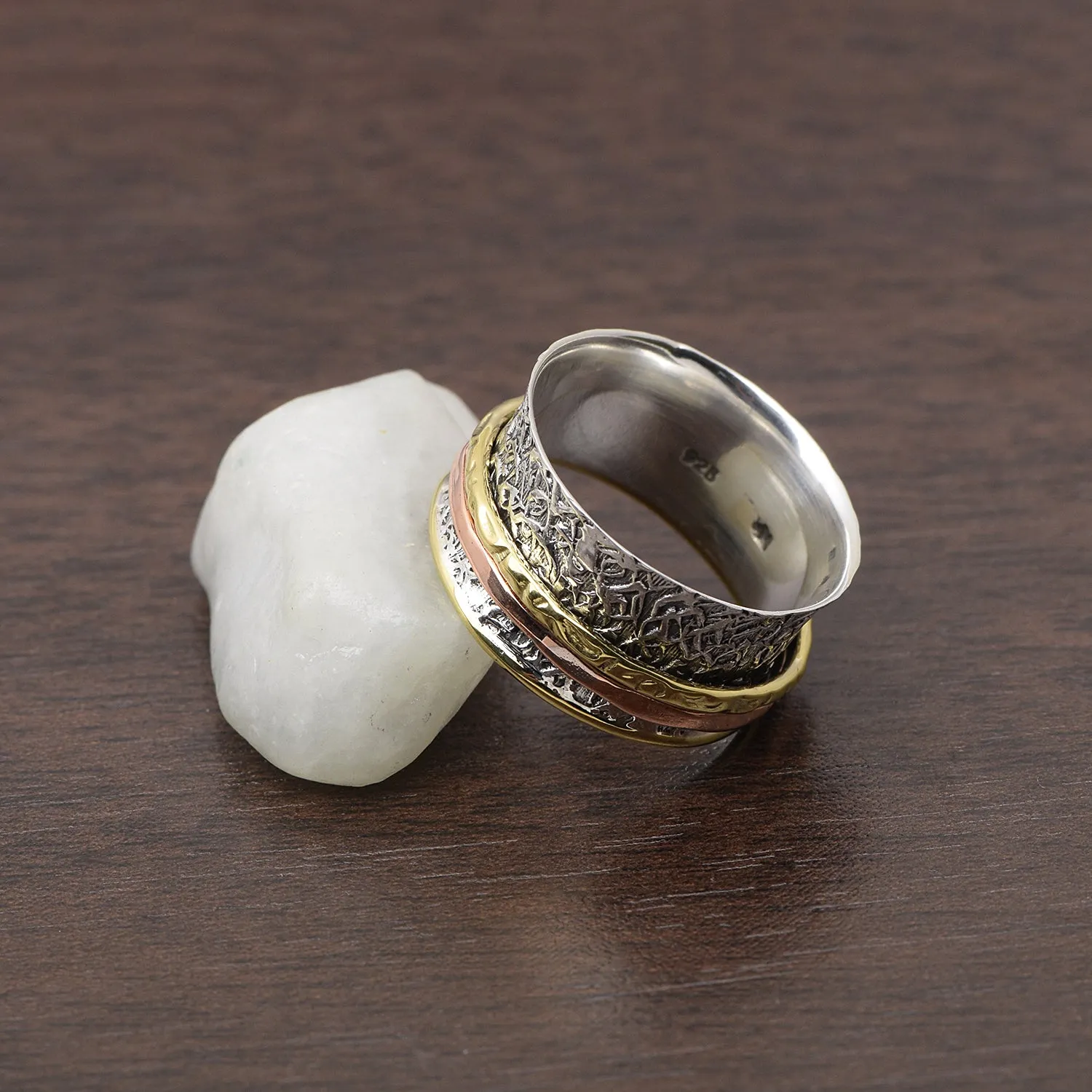 Multi Color Band Engraved Meditation Spinner Ring