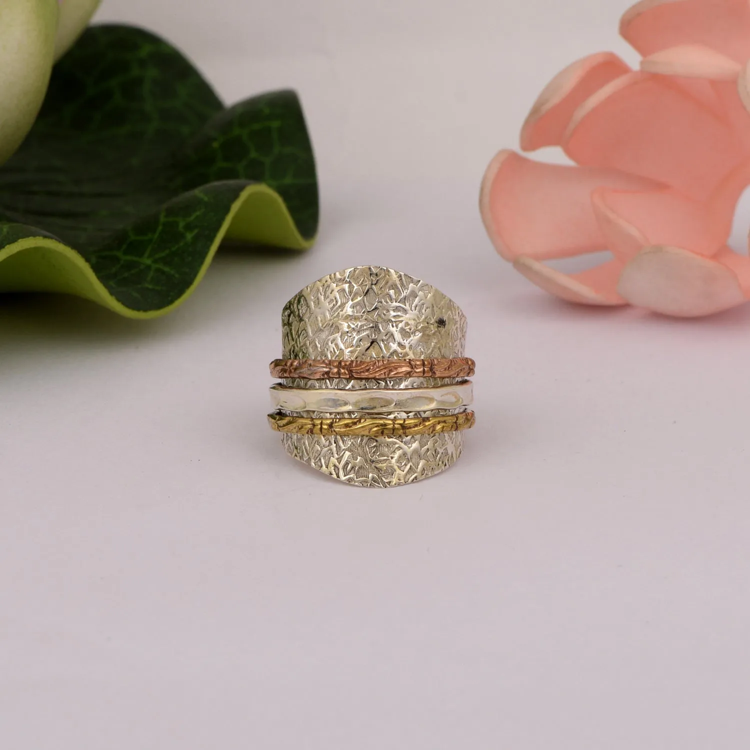 Multi Color Band Engraved Meditation Spinner Ring