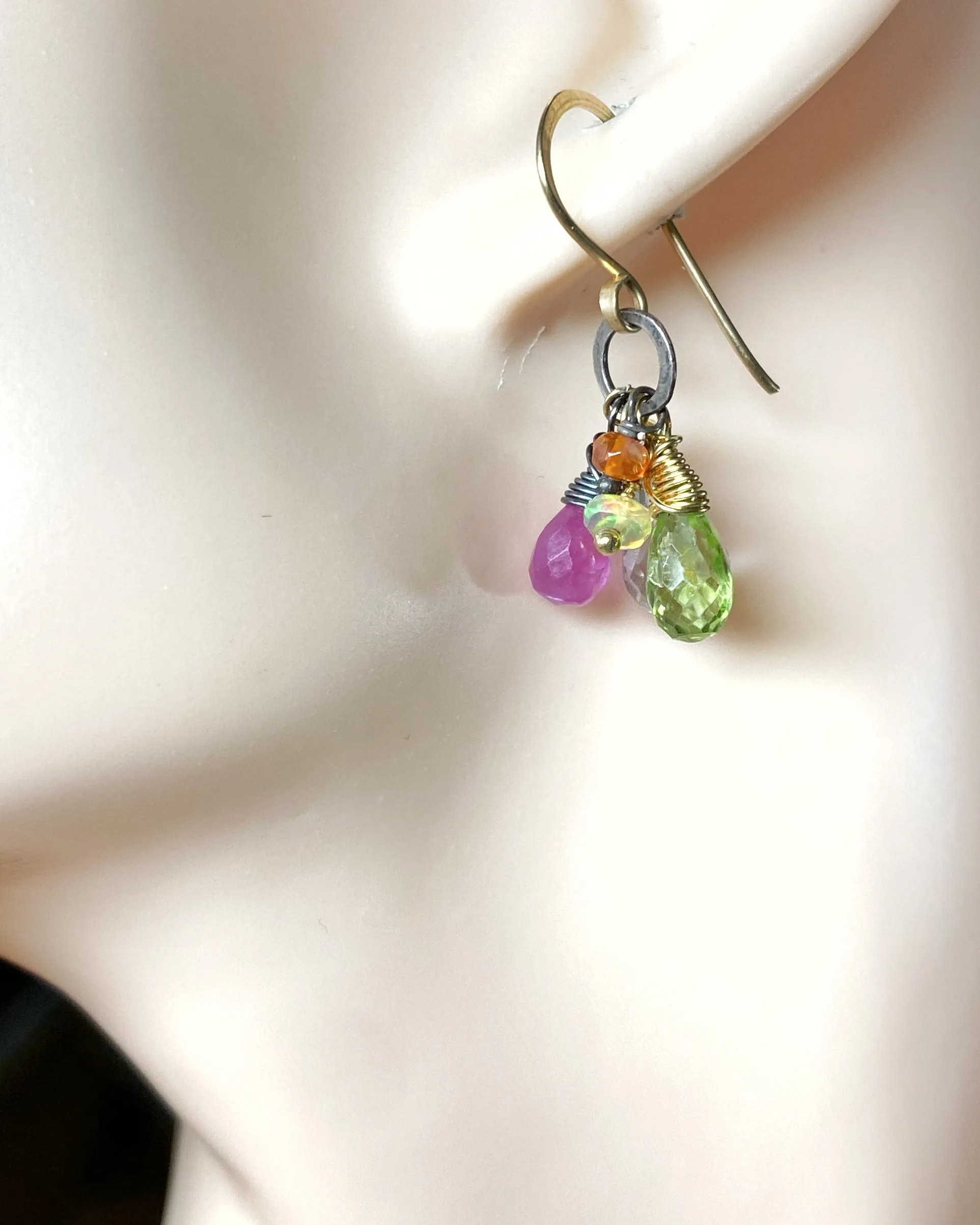 Multi-color Gemstone Dangle Earrings Mixed Metal Peridot Pink Sapphire Amethyst