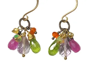 Multi-color Gemstone Dangle Earrings Mixed Metal Peridot Pink Sapphire Amethyst