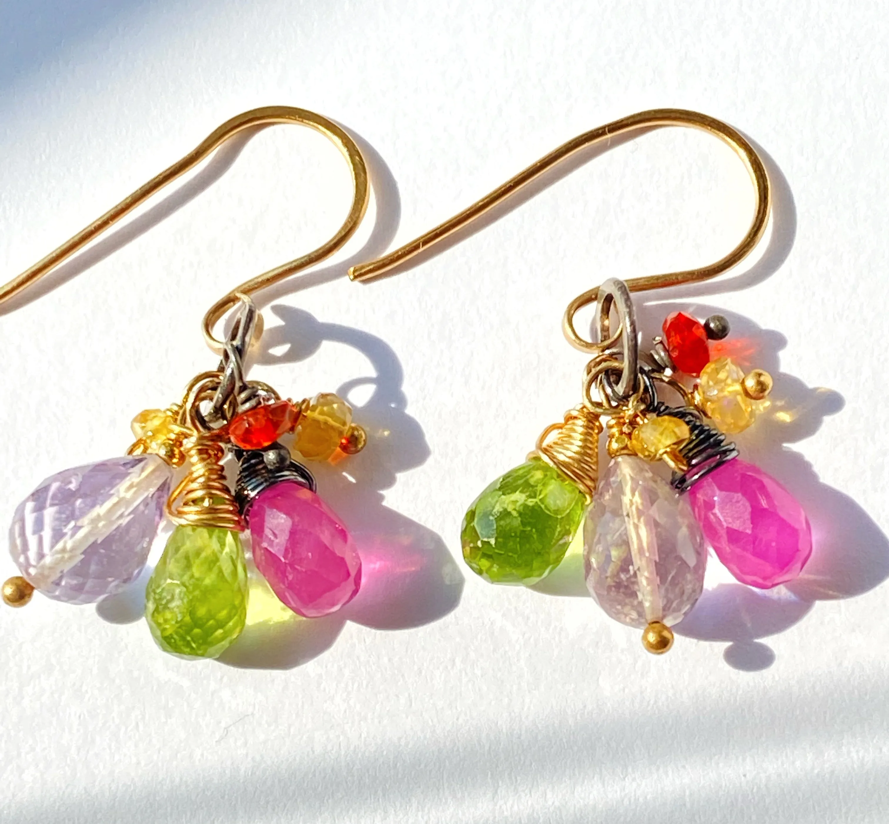 Multi-color Gemstone Dangle Earrings Mixed Metal Peridot Pink Sapphire Amethyst