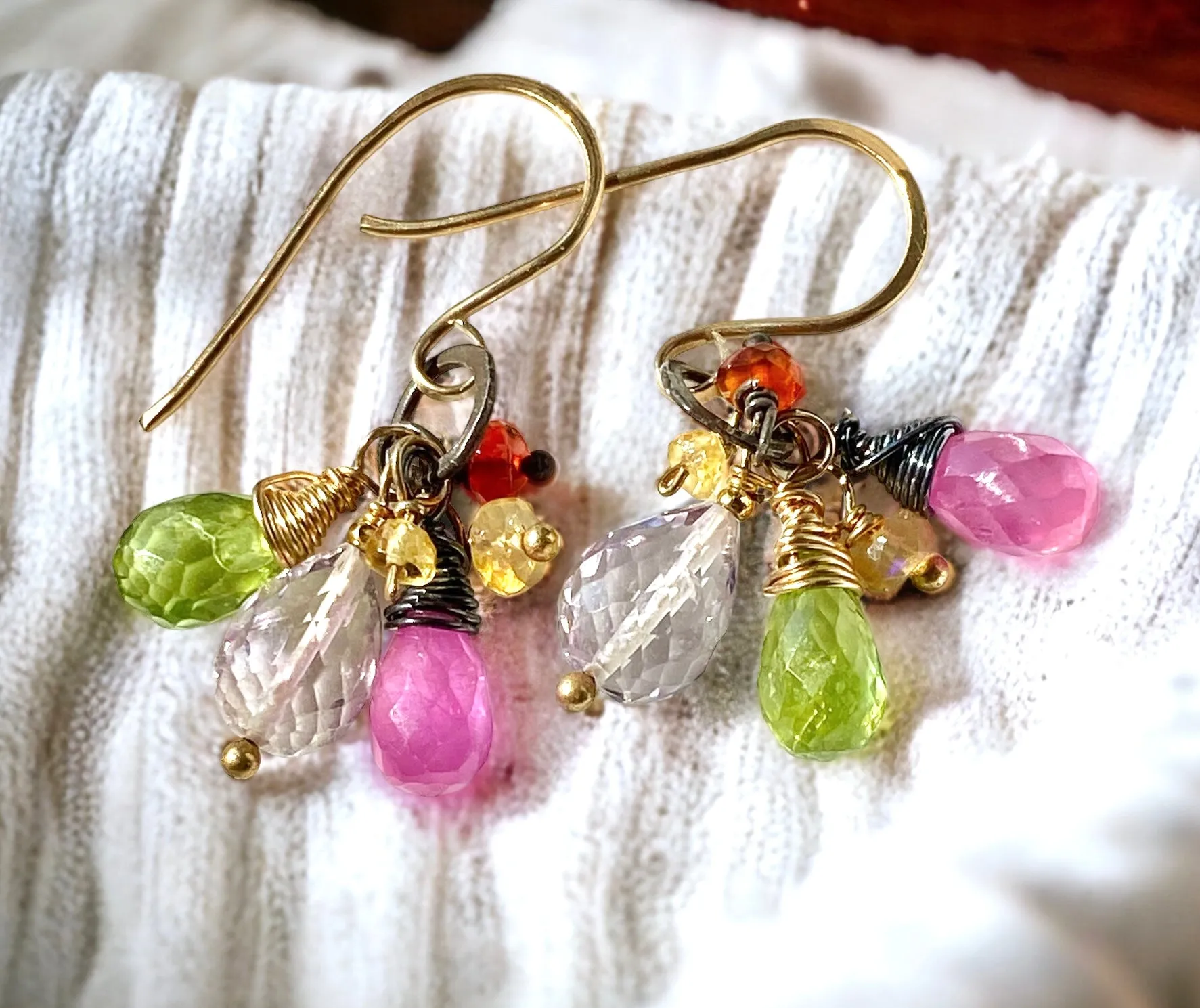 Multi-color Gemstone Dangle Earrings Mixed Metal Peridot Pink Sapphire Amethyst