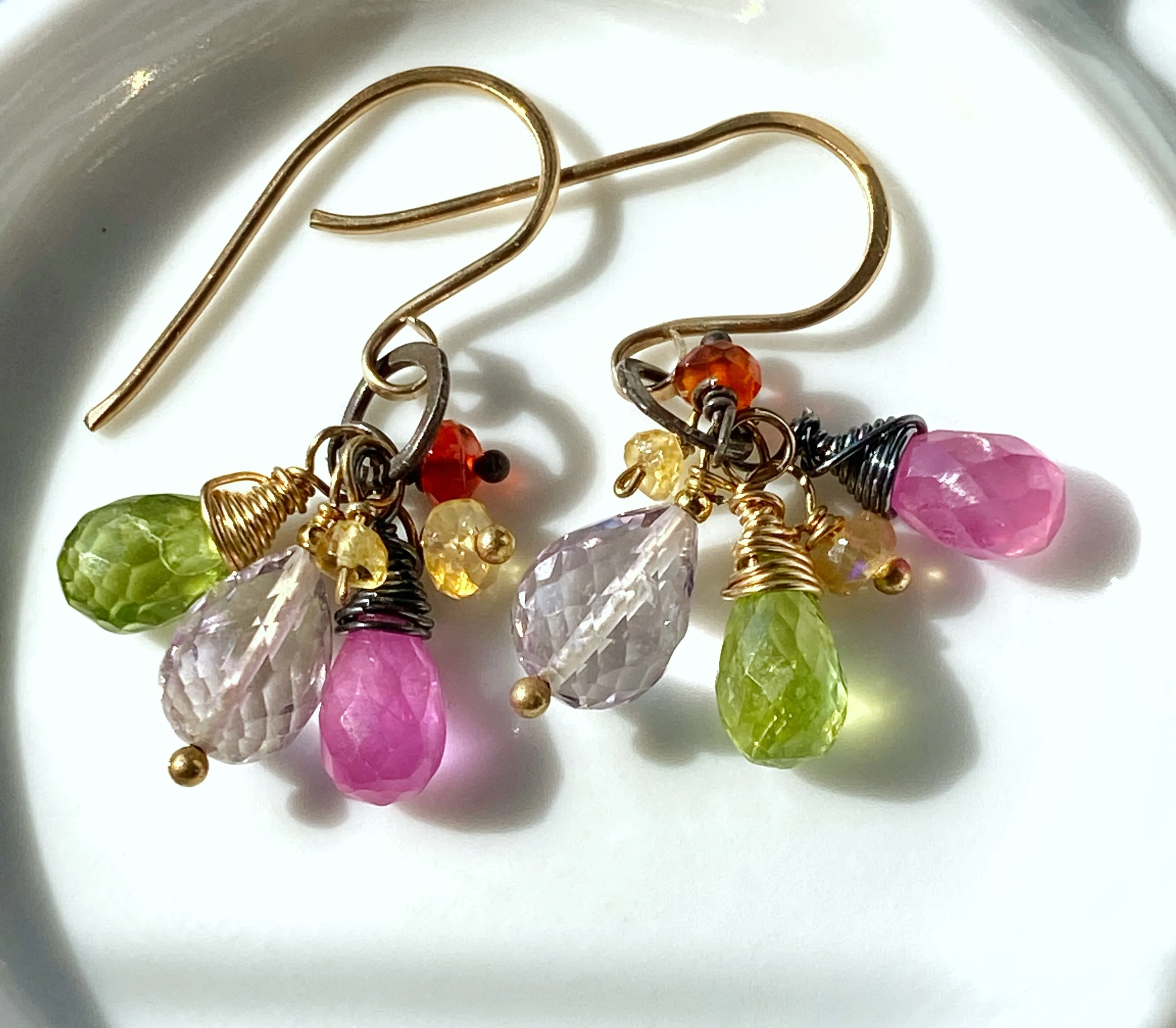 Multi-color Gemstone Dangle Earrings Mixed Metal Peridot Pink Sapphire Amethyst