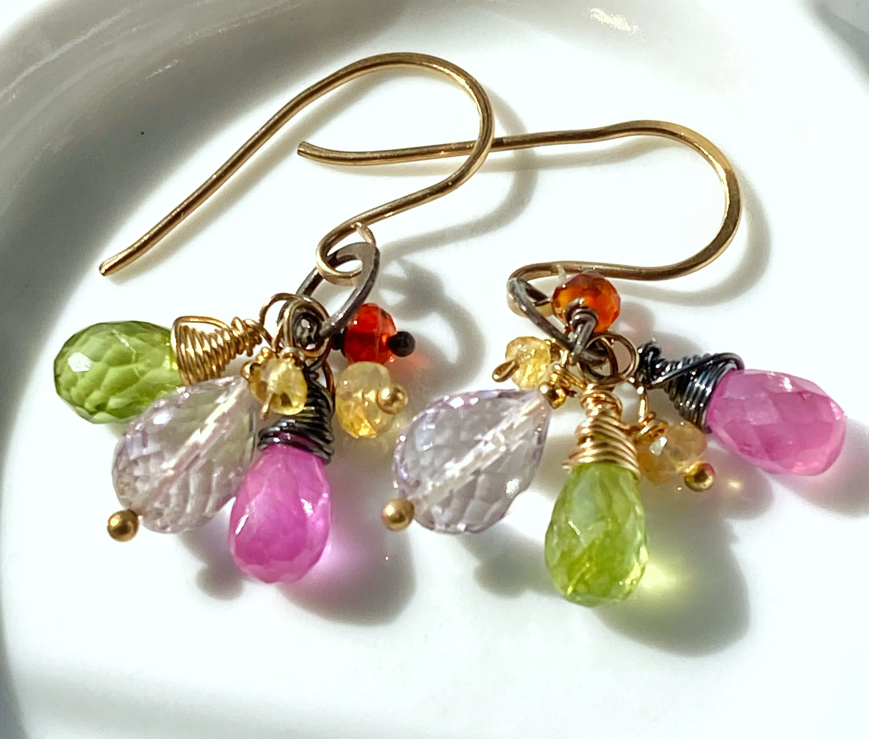 Multi-color Gemstone Dangle Earrings Mixed Metal Peridot Pink Sapphire Amethyst