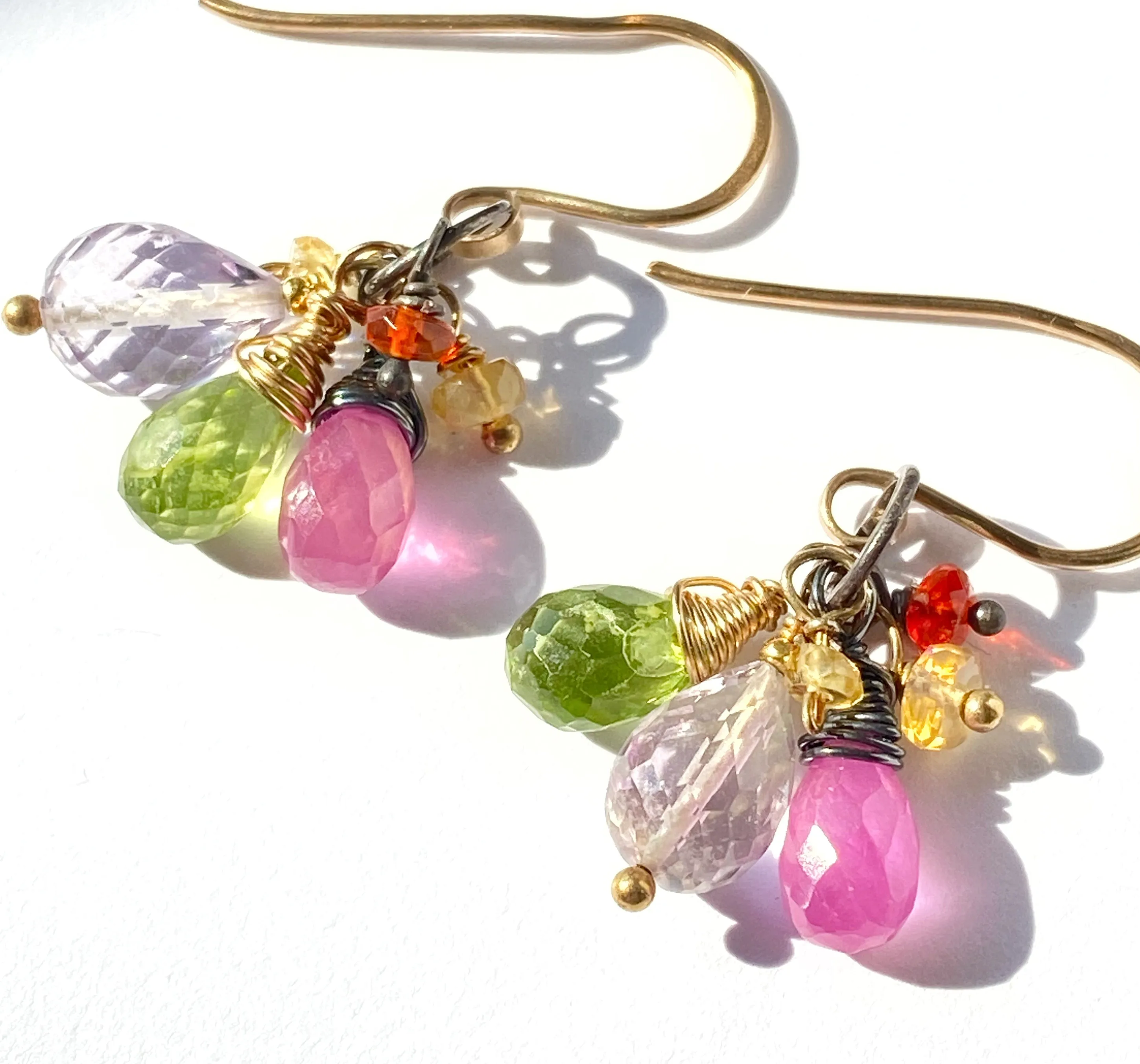 Multi-color Gemstone Dangle Earrings Mixed Metal Peridot Pink Sapphire Amethyst