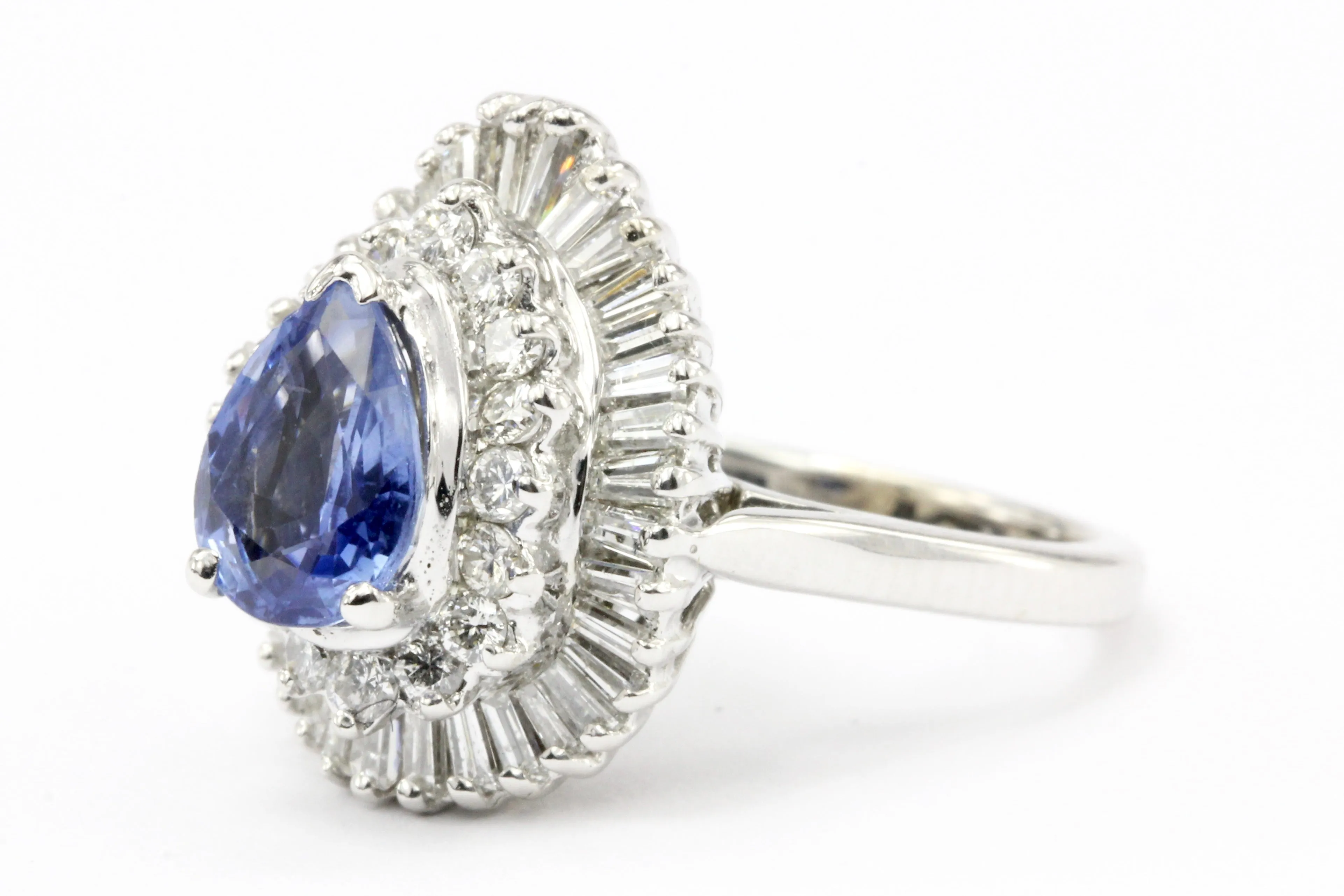 Natural Blue Pear Shaped Sapphire with Diamond Halo 14K White Gold Ring