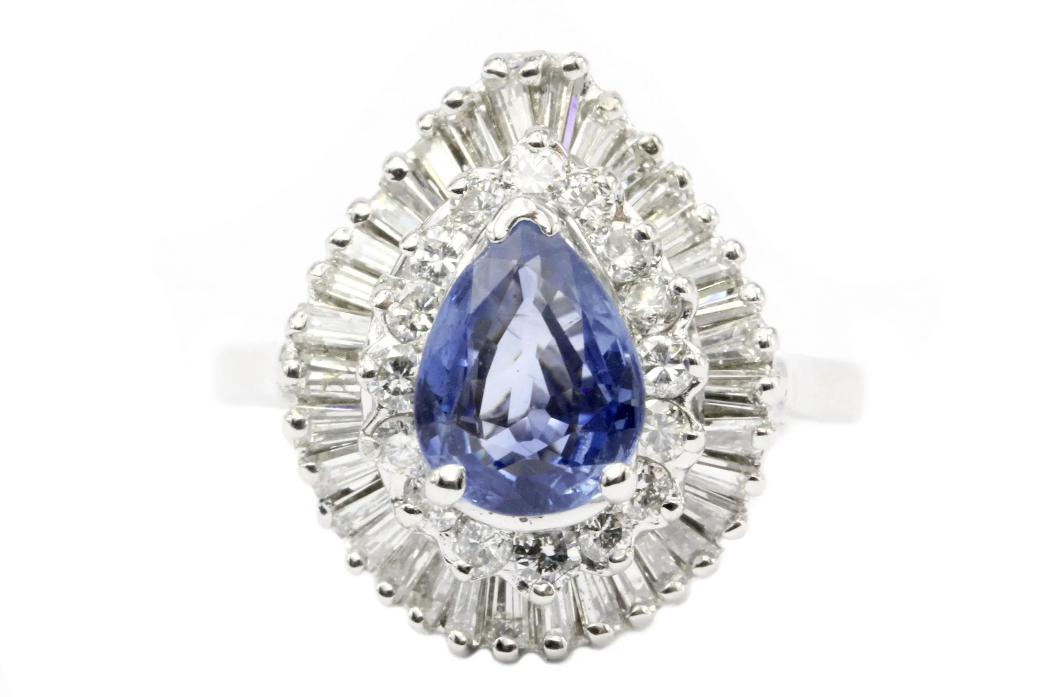 Natural Blue Pear Shaped Sapphire with Diamond Halo 14K White Gold Ring