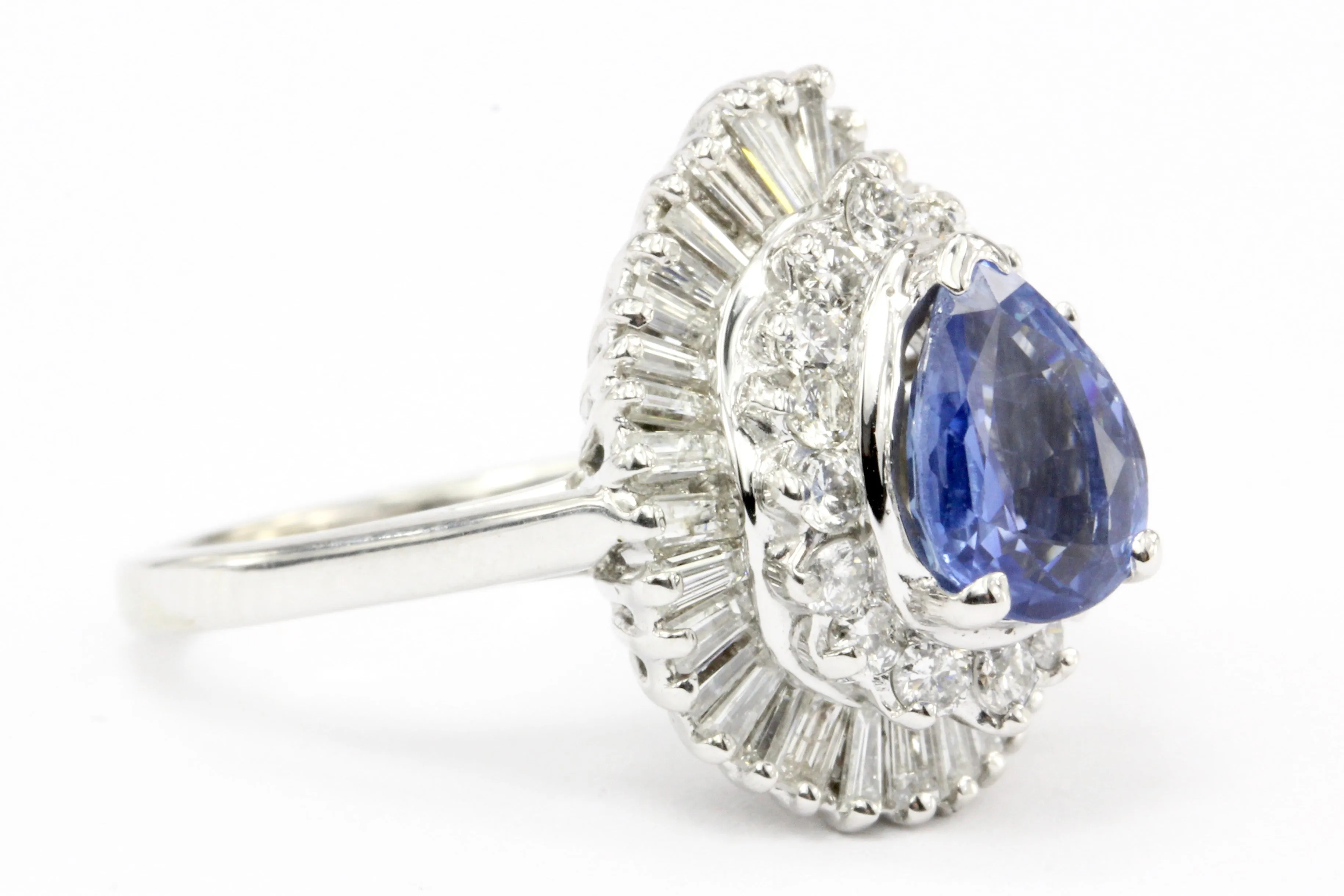 Natural Blue Pear Shaped Sapphire with Diamond Halo 14K White Gold Ring