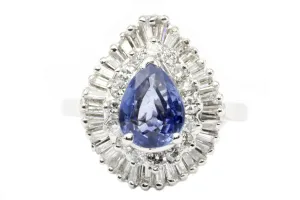 Natural Blue Pear Shaped Sapphire with Diamond Halo 14K White Gold Ring