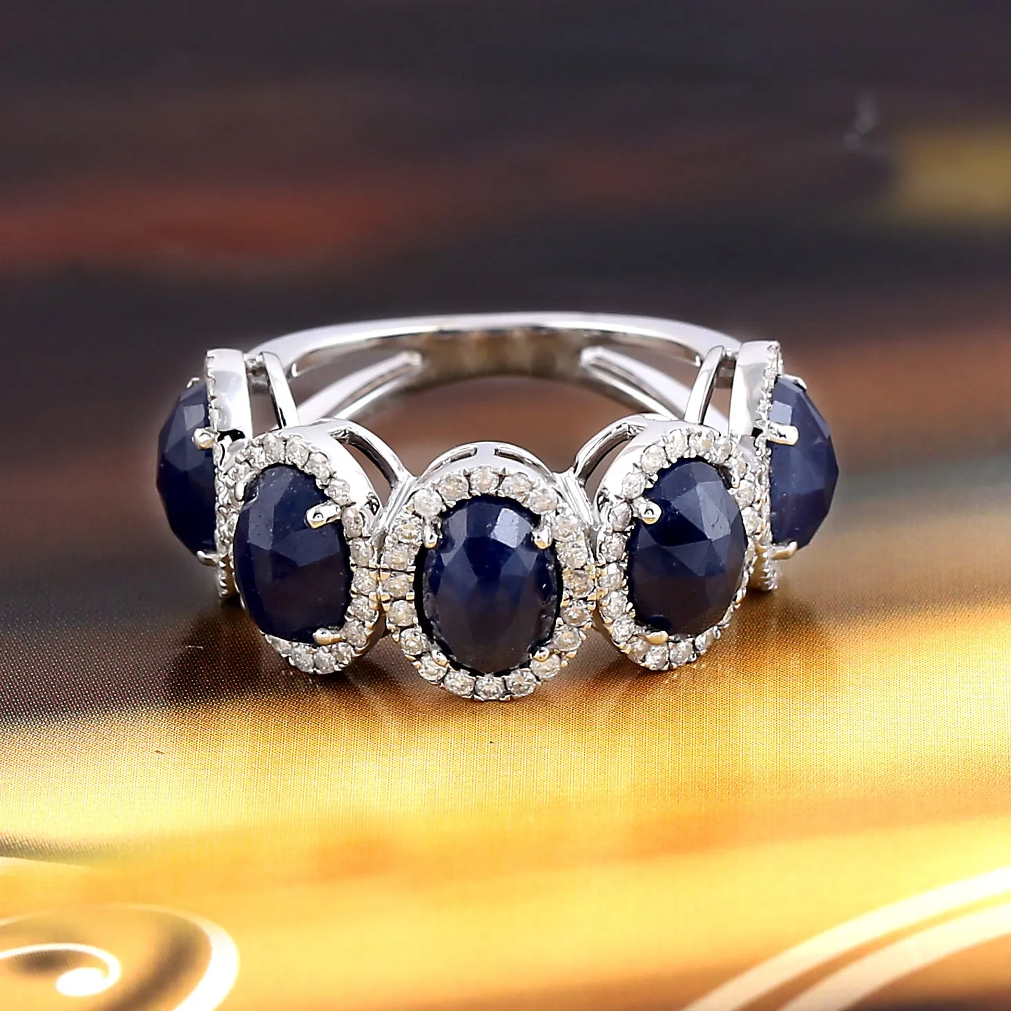 Natural Blue Sapphire Pave Diamond Band Ring In 14k White Gold Accessory For Her