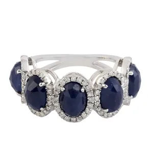 Natural Blue Sapphire Pave Diamond Band Ring In 14k White Gold Accessory For Her