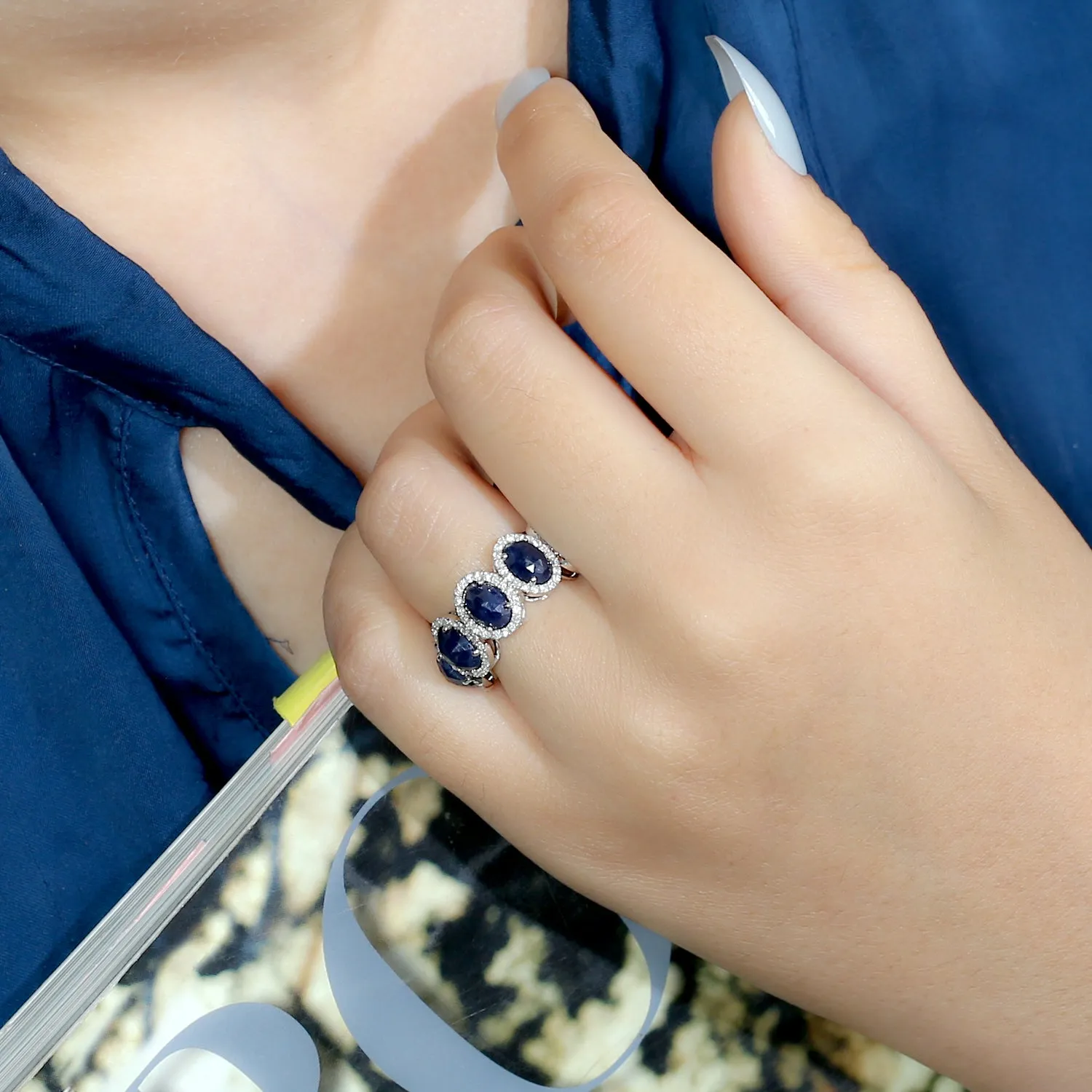 Natural Blue Sapphire Pave Diamond Band Ring In 14k White Gold Accessory For Her