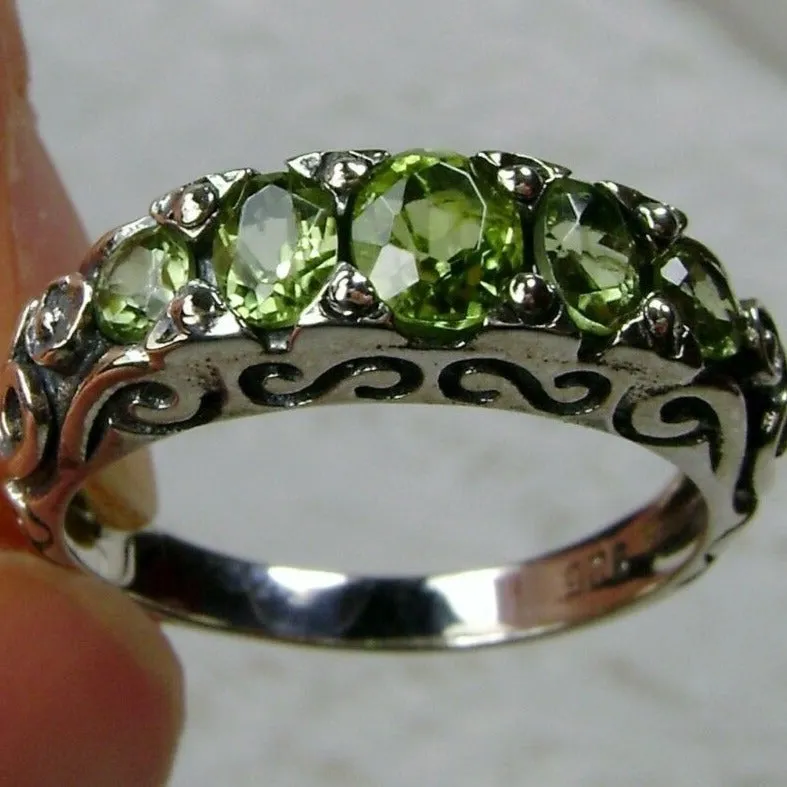 Natural Green Peridot Ring, Size 7, Five-Stone Georgian Ring, Victorian Jewelry Design#D19 - Ready to Ship